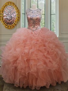 Flare See Through Peach Ball Gowns Organza Scoop Sleeveless Beading and Ruffles Floor Length Lace Up Vestidos de Quinceanera