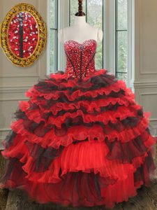 Beading Sweet 16 Dresses Red And Black Lace Up Sleeveless Floor Length