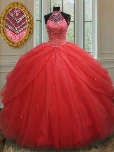 Adorable Halter Top Red Sleeveless Beading and Pick Ups Floor Length Quinceanera Gowns