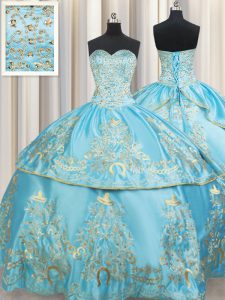 Aqua Blue Taffeta Lace Up 15th Birthday Dress Sleeveless Floor Length Beading and Embroidery