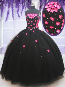 Classical Black Ball Gowns Tulle Strapless Sleeveless Beading and Appliques Floor Length Lace Up 15 Quinceanera Dress