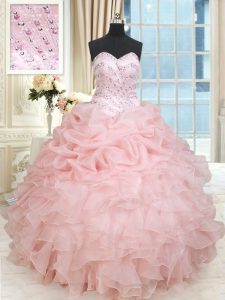 Sweetheart Sleeveless Sweet 16 Dresses Floor Length Beading and Ruffles and Pick Ups Baby Pink Organza