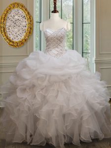 Beading and Ruffles and Pick Ups Quinceanera Gowns White Lace Up Sleeveless Floor Length