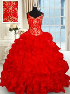 Amazing Pick Ups Brush Train Ball Gowns Quince Ball Gowns Red Spaghetti Straps Organza Sleeveless Lace Up