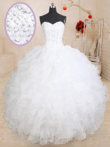 Sleeveless Organza Floor Length Lace Up Vestidos de Quinceanera in White with Beading and Ruffles