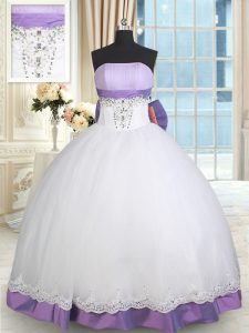 White And Purple Lace Up Sweet 16 Quinceanera Dress Beading and Lace and Bowknot Sleeveless Floor Length