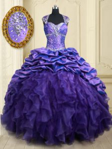 Smart Purple Lace Up Straps Beading and Ruffles and Pick Ups 15th Birthday Dress Organza and Taffeta Cap Sleeves Brush Train
