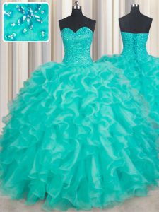 Sleeveless Floor Length Beading and Ruffles Lace Up Quinceanera Dress with Turquoise