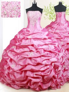 Eye-catching Hot Pink Taffeta Lace Up Strapless Sleeveless With Train Vestidos de Quinceanera Brush Train Beading and Pick Ups