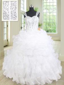 Straps Sleeveless Quinceanera Dresses Floor Length Beading and Ruffles White Organza