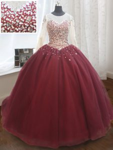 Wine Red Scoop Lace Up Beading and Sequins Quinceanera Dress Court Train Long Sleeves