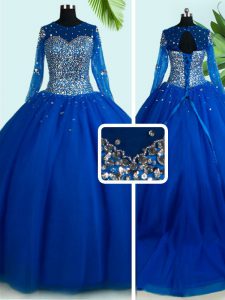 Hot Sale With Train Royal Blue 15 Quinceanera Dress Scoop Long Sleeves Brush Train Lace Up