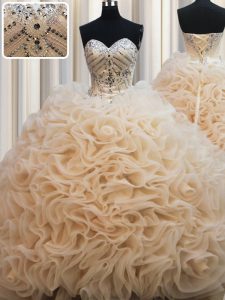 Sweetheart Sleeveless Brush Train Lace Up 15th Birthday Dress Champagne Fabric With Rolling Flowers