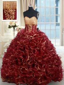 Enchanting Sleeveless Beading and Ruffles Lace Up Ball Gown Prom Dress with Burgundy Brush Train