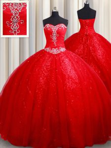 Red Lace Up Quinceanera Gown Beading Sleeveless