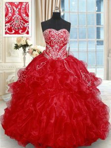 Sleeveless Brush Train Beading and Embroidery and Ruffled Layers Lace Up Sweet 16 Dress