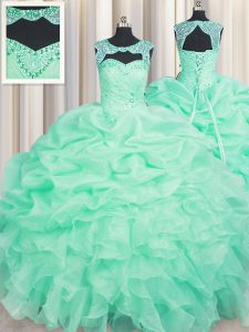 Customized Scoop Apple Green Ball Gowns Beading and Ruffles and Pick Ups 15th Birthday Dress Lace Up Organza Sleeveless Floor Length