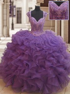 Stunning Straps Cap Sleeves Zipper Quinceanera Gowns Eggplant Purple Organza