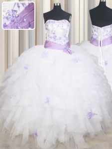 Stylish Floor Length Lace Up Sweet 16 Dress White for Military Ball and Sweet 16 and Quinceanera with Beading and Ruffles and Belt