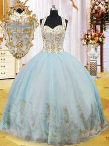 Admirable Halter Top Sleeveless Lace Up Quinceanera Gown Light Blue Organza