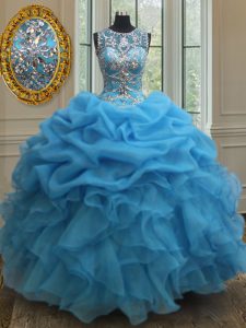 See Through Baby Blue Organza Lace Up Scoop Sleeveless Floor Length Sweet 16 Dress Beading and Ruffles and Pick Ups