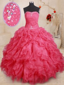 Dazzling Floor Length Ball Gowns Sleeveless Coral Red Ball Gown Prom Dress Lace Up