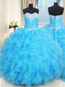 Extravagant Baby Blue Sweetheart Neckline Beading and Ruffles and Ruffled Layers Quinceanera Gowns Sleeveless Lace Up