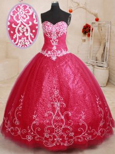 Beading and Appliques and Embroidery Vestidos de Quinceanera Coral Red Lace Up Sleeveless Floor Length