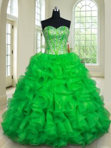 High Class Beading and Ruffles Quinceanera Gowns Green Lace Up Sleeveless Floor Length