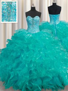 Turquoise Ball Gowns Sweetheart Sleeveless Organza Floor Length Lace Up Beading and Ruffles Vestidos de Quinceanera