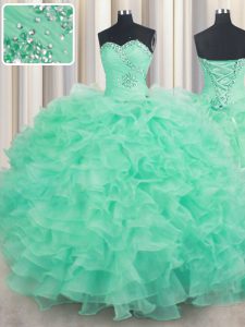 Graceful Sleeveless Floor Length Beading and Ruffles Lace Up Sweet 16 Quinceanera Dress with Turquoise