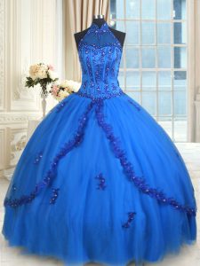 Halter Top See Through Blue Tulle Lace Up Vestidos de Quinceanera Sleeveless Floor Length Beading and Appliques