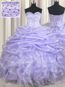 Customized Lavender Organza Lace Up Sweetheart Sleeveless Floor Length Vestidos de Quinceanera Beading and Ruffles and Pick Ups