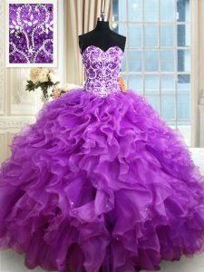 High Quality Eggplant Purple Sleeveless Beading and Ruffles Floor Length Ball Gown Prom Dress