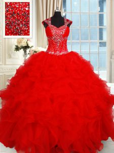 Flirting Beading and Ruffles Quince Ball Gowns Red Backless Cap Sleeves Floor Length