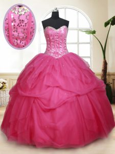 Modern Hot Pink Sleeveless Beading and Ruffles and Sequins Floor Length Quinceanera Gown