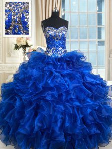 High Class Royal Blue Ball Gowns Organza Sweetheart Sleeveless Beading and Ruffles and Ruffled Layers Floor Length Lace Up Quinceanera Gowns