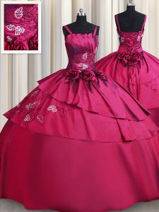 Enchanting Straps Sleeveless Lace Up Vestidos de Quinceanera Burgundy Satin