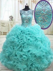 Scoop See Through Fabric with Rolling Flowers Sleeveless Lace Up Floor Length Beading Quinceanera Dresses