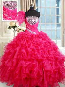 Hot Pink Ball Gowns Organza Strapless Sleeveless Sequins Floor Length Lace Up 15th Birthday Dress