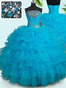 Floor Length Baby Blue Sweet 16 Dresses Strapless Sleeveless Zipper