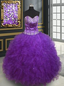 Eggplant Purple Ball Gowns Beading and Ruffles Vestidos de Quinceanera Lace Up Tulle Sleeveless Floor Length