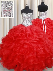 Custom Made Red Sweetheart Lace Up Beading and Ruffles Quince Ball Gowns Sleeveless