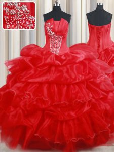 Superior Red Organza Lace Up Strapless Sleeveless Floor Length 15th Birthday Dress Beading and Pick Ups