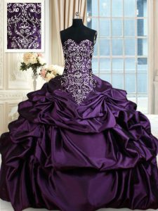 Purple Lace Up Sweetheart Beading and Embroidery and Pick Ups Quince Ball Gowns Taffeta Sleeveless