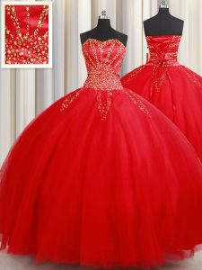 Delicate Sweetheart Sleeveless Vestidos de Quinceanera Floor Length Beading Red Tulle