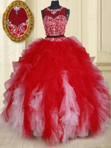 Chic Two Pieces Scoop See Through White and Red Sleeveless Beading and Ruffles Floor Length Sweet 16 Dress
