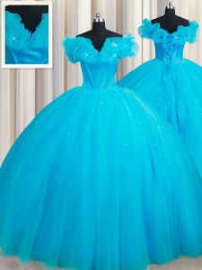 Excellent Off the Shoulder Sleeveless Court Train Hand Made Flower Lace Up 15th Birthday Dress