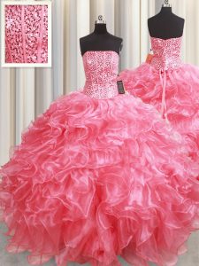 Beautiful Pink Sleeveless Floor Length Beading and Ruffles Lace Up Ball Gown Prom Dress