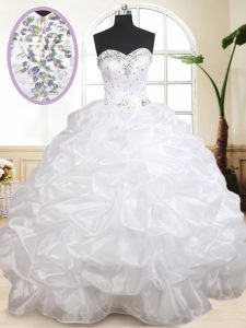Sleeveless Floor Length Beading and Pick Ups Lace Up Quinceanera Dress with White